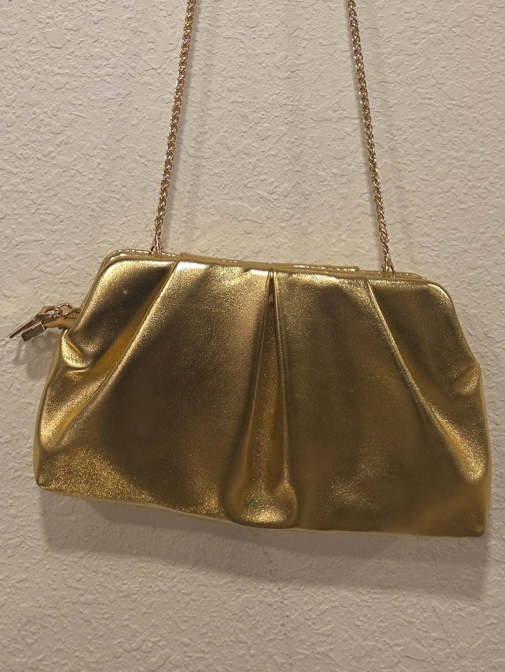 Gold Metallic Pleated Chain-Shoulder Clutch